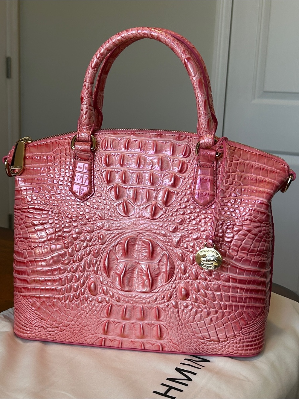 Brahmin Pink Punch Leather Croc-Embossed Duxbury
